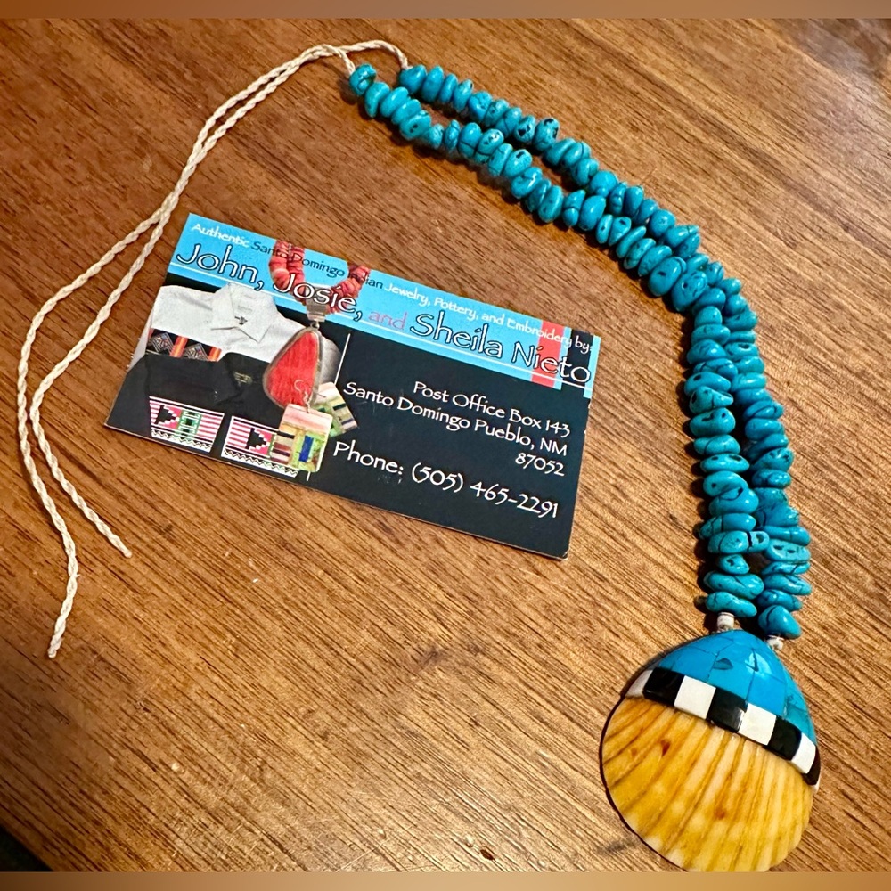 Authentic Santa Domingo Indian Necklace featuring shell and turquoise stones